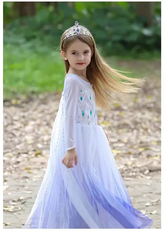 Robe de princesse à paillettes bleue et blanche Reine des glaces pour enfant avec cape