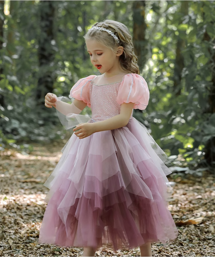 Layered Long/Short Sleeves  Tulle  Princess Party Flower Girl Dress Costume for Kids Girls Toddlers - MiniClosetCo