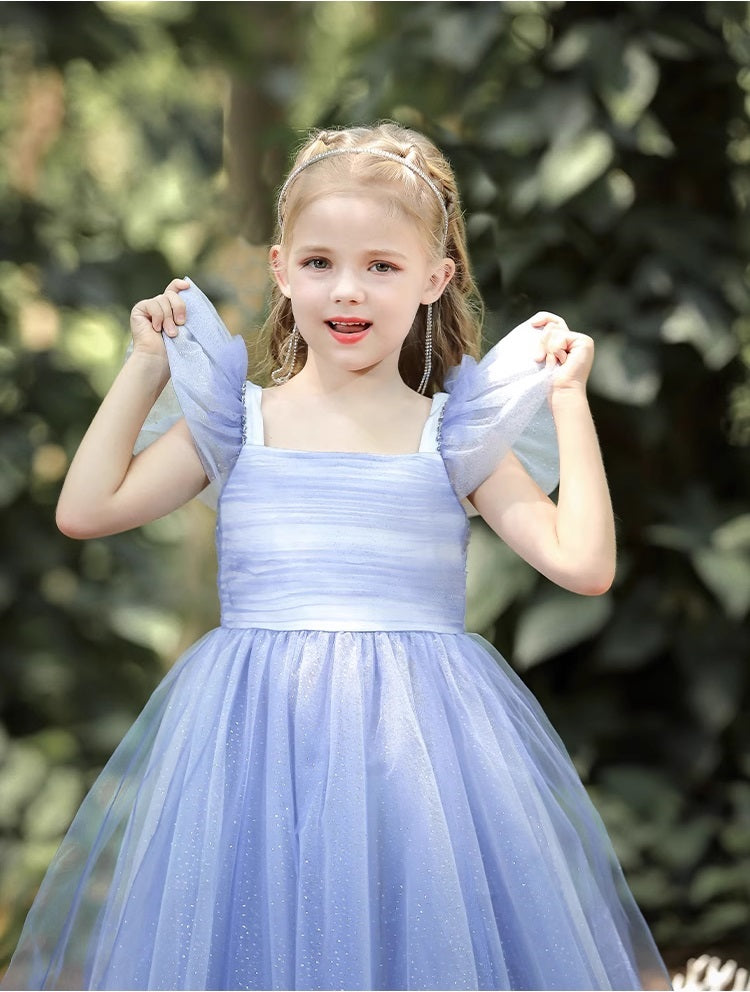 Blue Floor-Length Short Sleeves Tulle Tutu Princess Dress for girl