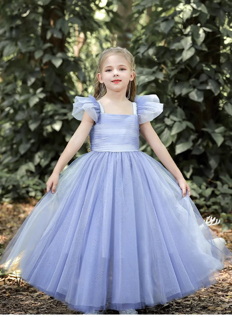 Blue Floor-Length Short Sleeves Tulle Tutu Princess Dress for girl