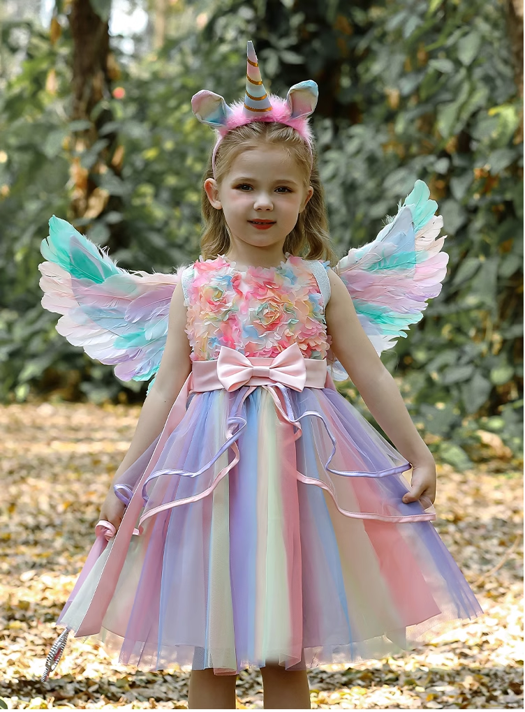 Girl in Sleeveless  Unicorn Rainbow tulle Princess Dress with wing