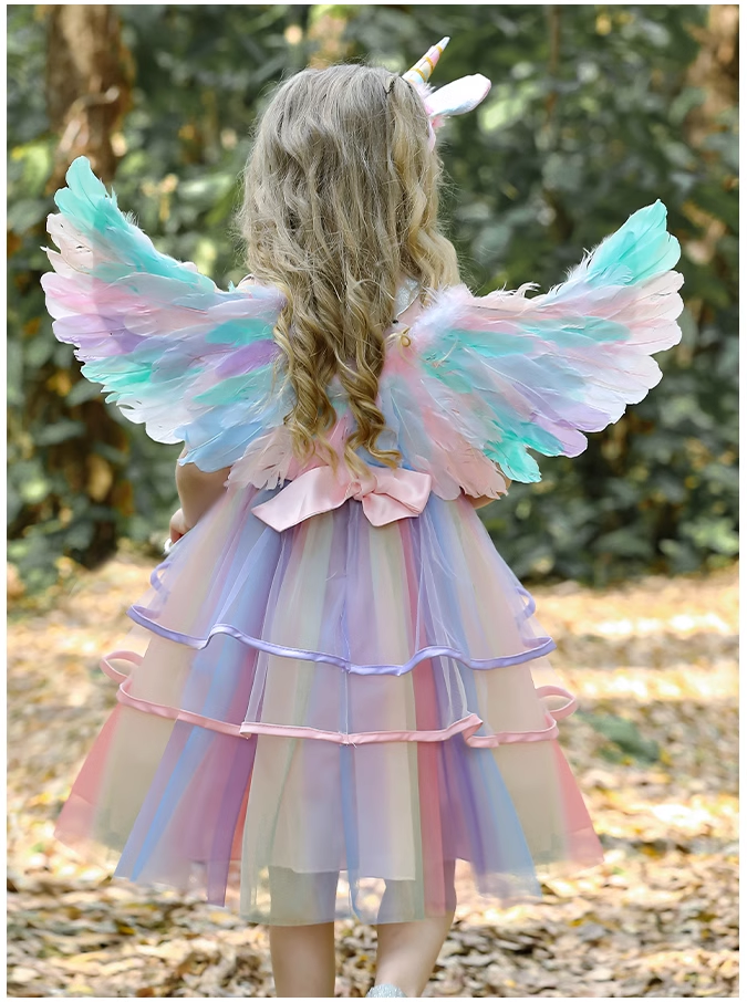 Sleeveless  Unicorn Rainbow Princess Dress with wing