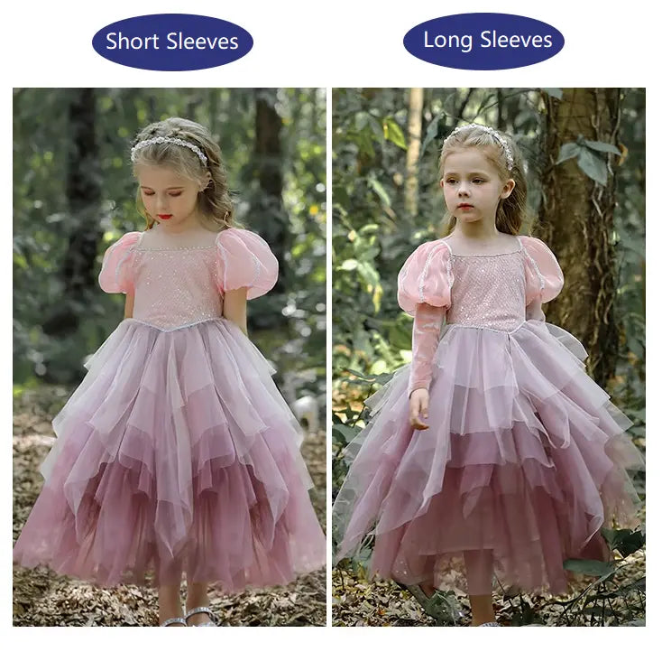 Robe de princesse rose en tulle à manches longues et courtes