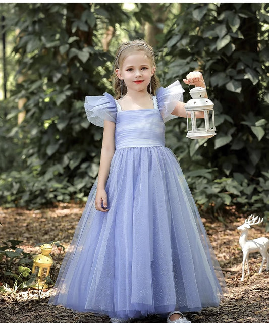 Blue Floor-Length Short Sleeves Tulle Tutu Princess Dress for girl