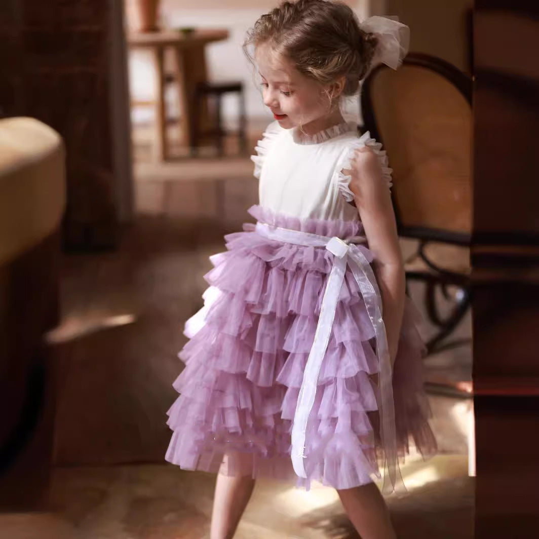 little girl in Lavender Layered Tulle Dress looking left