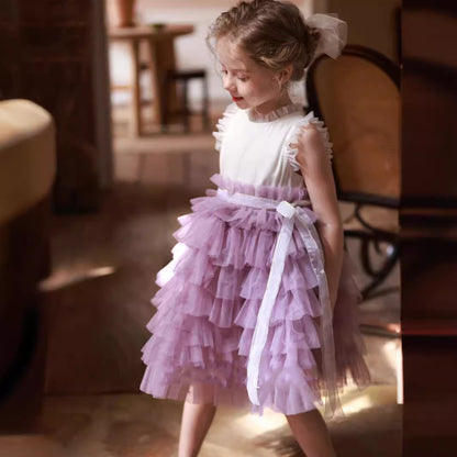 little girl in Lavender Layered Tulle Dress looking left