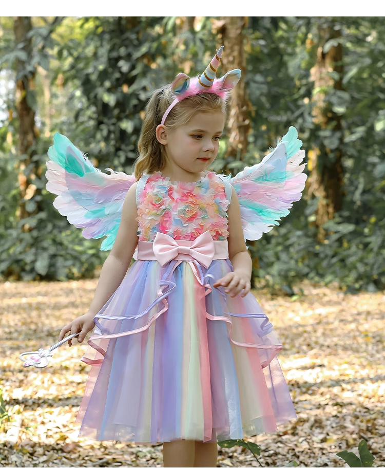 Sleeveless  Unicorn Rainbow Princess Dress with wing