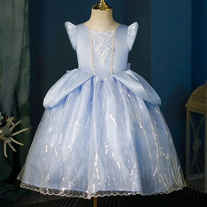 Light Blue Fairy Princess Dress for Girls,Elegant Tulle Party Gown  with lace details on a mannequin against a dark background