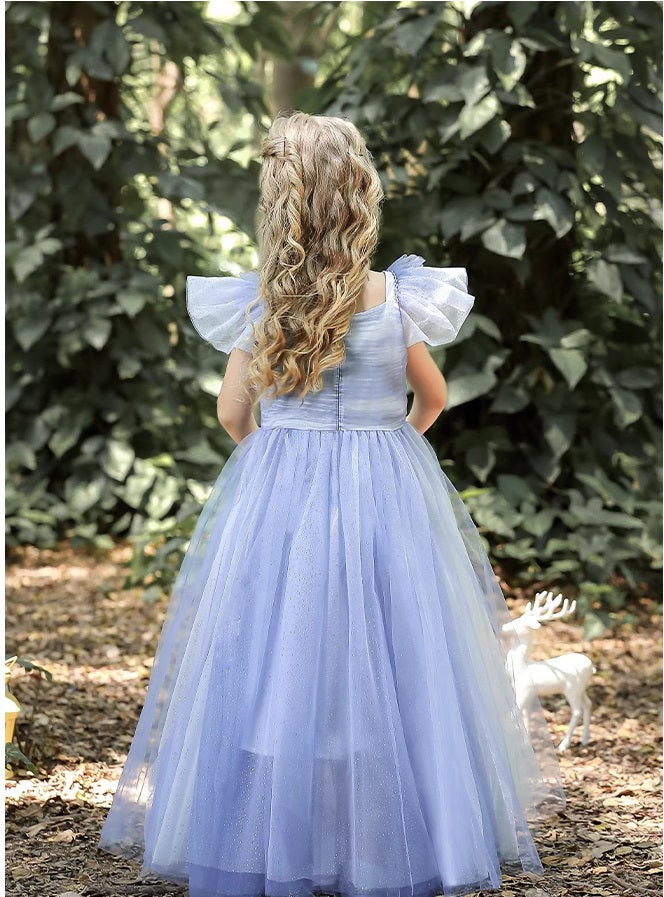 Blue Floor-Length Short Sleeves Tulle Tutu Princess Dress for girl