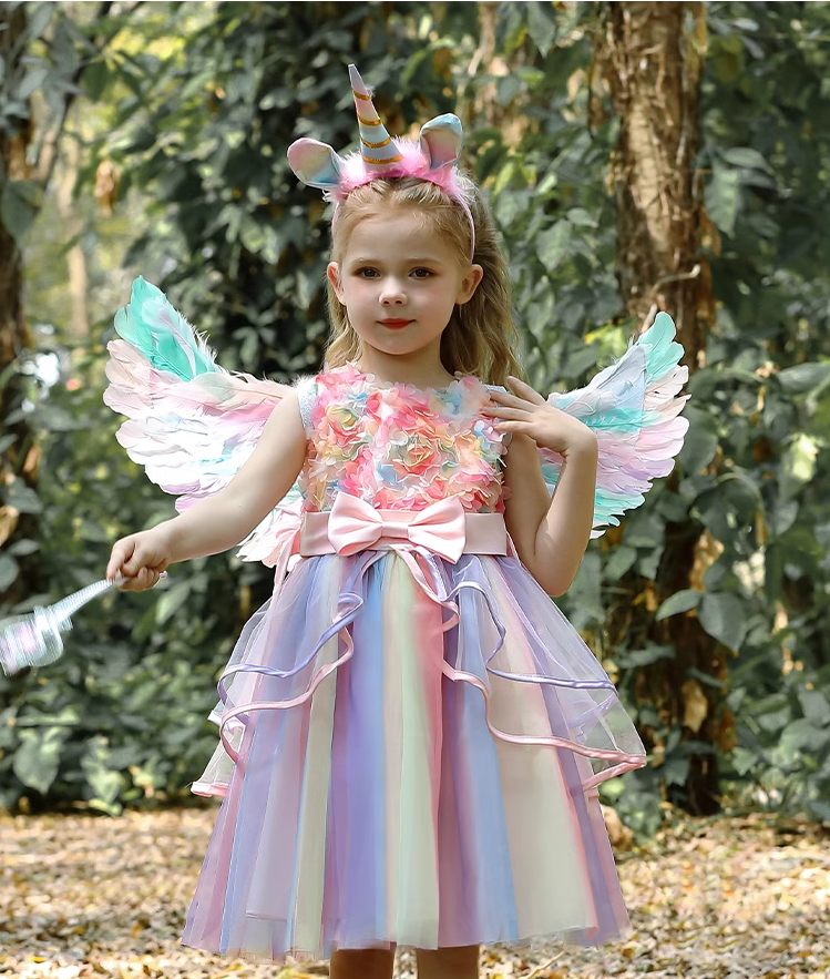 Sleeveless  Unicorn Rainbow Princess Dress with wing