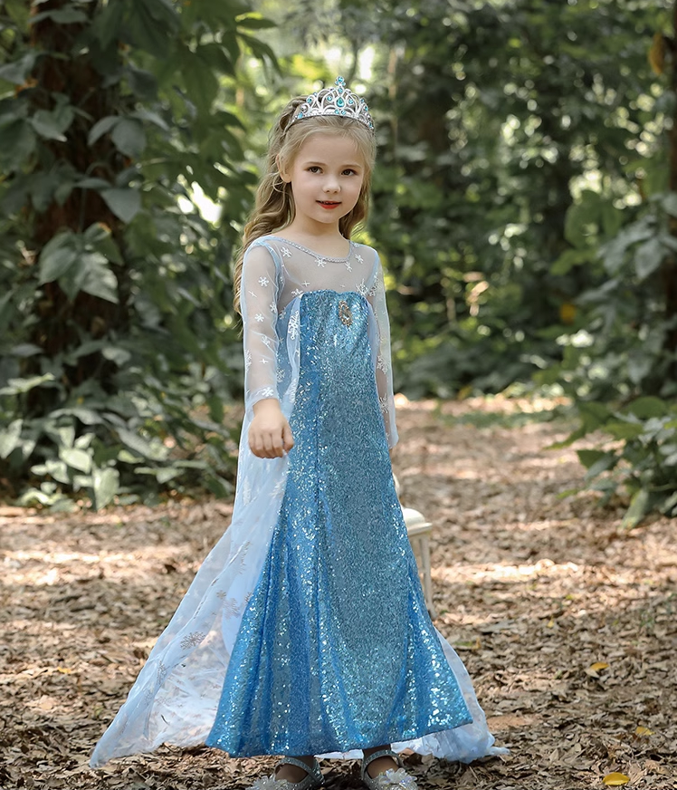 Blue Frozen Princess Elsa Dress with Cloak and crown full body shot