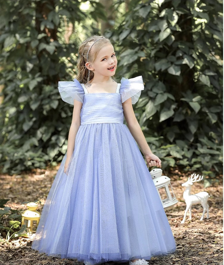 Blue Floor-Length Short Sleeves Tulle Tutu Princess Dress for girl