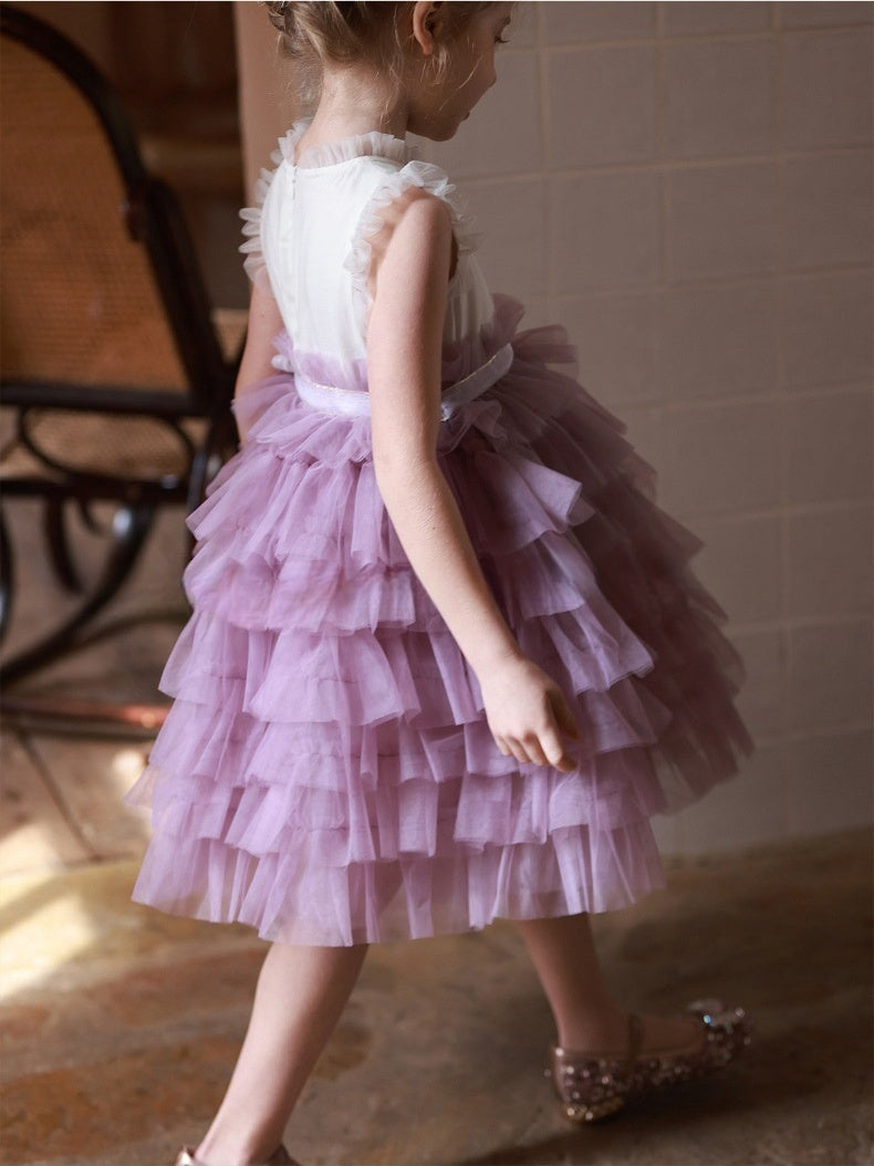 little girl in Lavender Layered Tulle Dress back