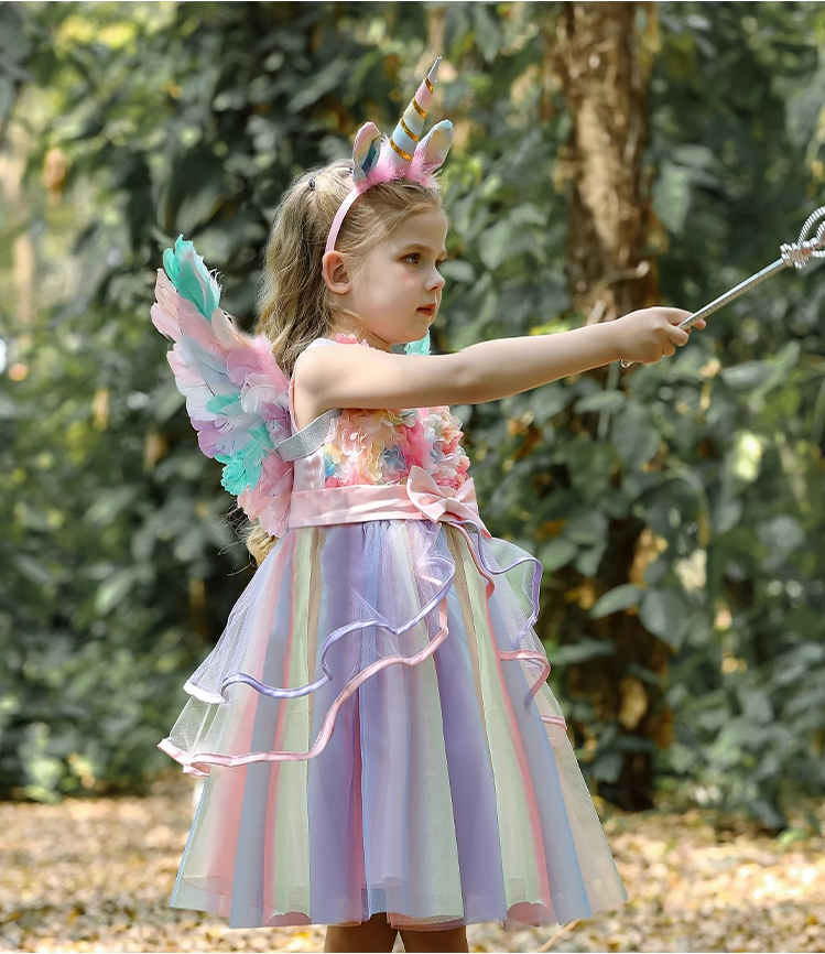 Sleeveless  Unicorn Rainbow Princess Dress with wing