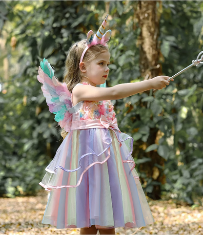 Sleeveless  Unicorn Rainbow Princess Dress with wing