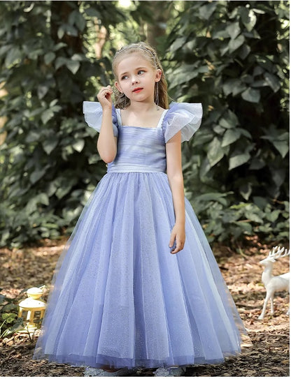 Blue Floor-Length Short Sleeves Tulle Tutu Princess Dress for girl