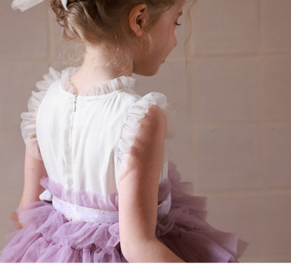 little girl in Lavender Layered Tulle Dress back details