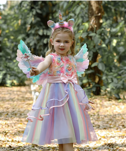 Sleeveless  Unicorn Rainbow Princess Dress with wing