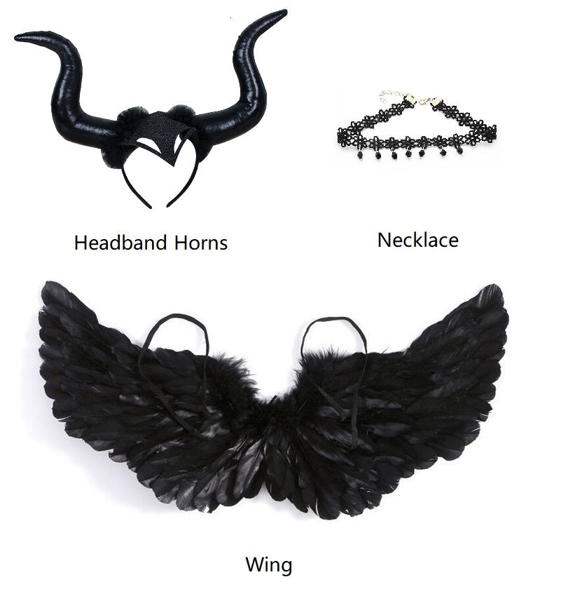 kid Maleficent costume accessories, black wings, necklace, headband horns