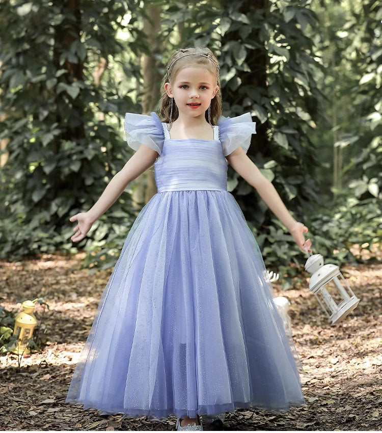 Blue Floor-Length Short Sleeves Tulle Tutu Princess Dress for girl