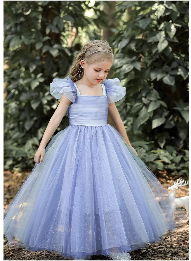 Blue Floor-Length Short Sleeves Tulle Tutu Princess Dress for girl