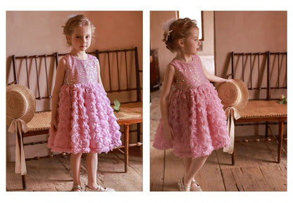 Pink Sequined Flower Dress for Girls - MiniClosetCo