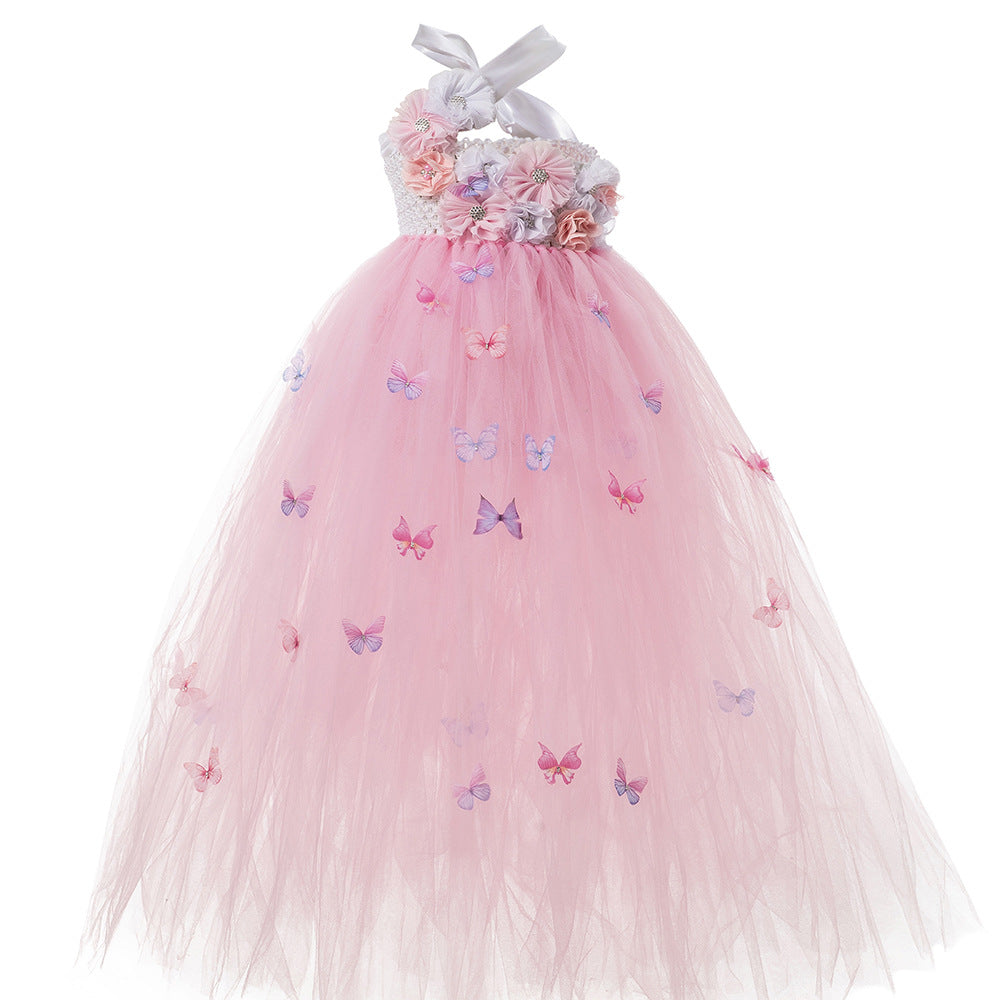 Pink Sleeveless Tulle Tutu  Princess Flower Butterfly Dress  For Kids Girls Toddlers Flower Girl Birthday Party Wedding Dress Gowns - MiniClosetCo