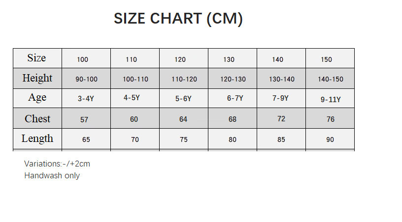 Blue Cinderella Princess Dress for girls size chart