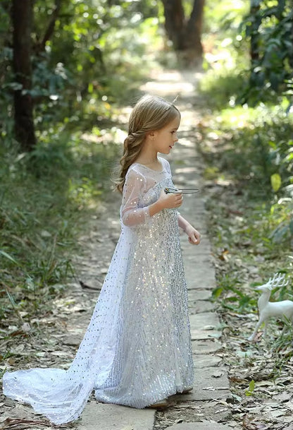 White Shimmer Sequin Sparkle  Princess Dress With Cape - MiniClosetCo