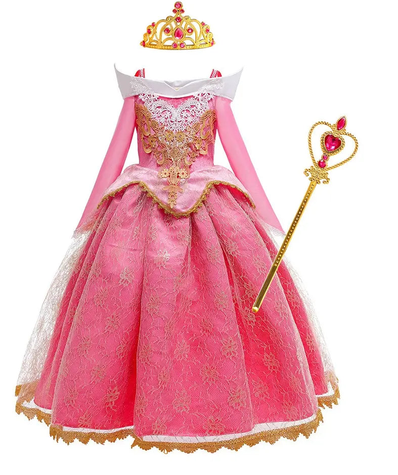 Pink princess dress with gold accents, crown, and wand on a white background