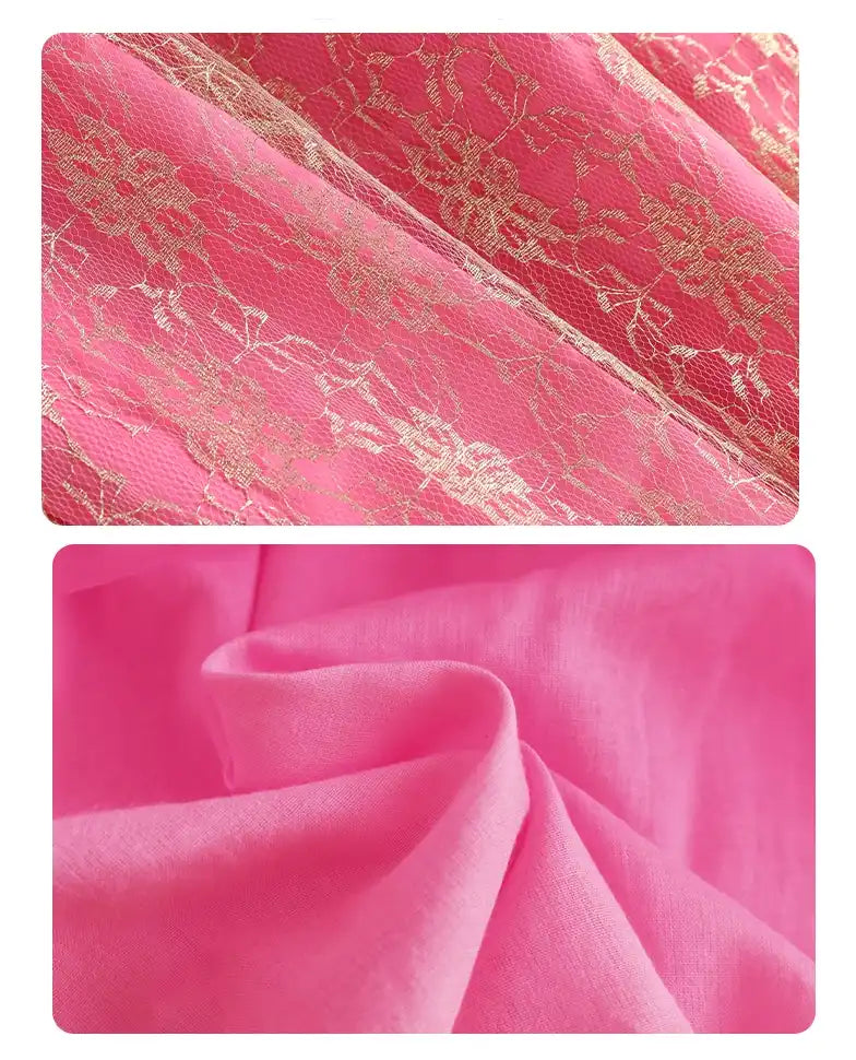 Two images of pink fabric with gold lace overlay on a white background