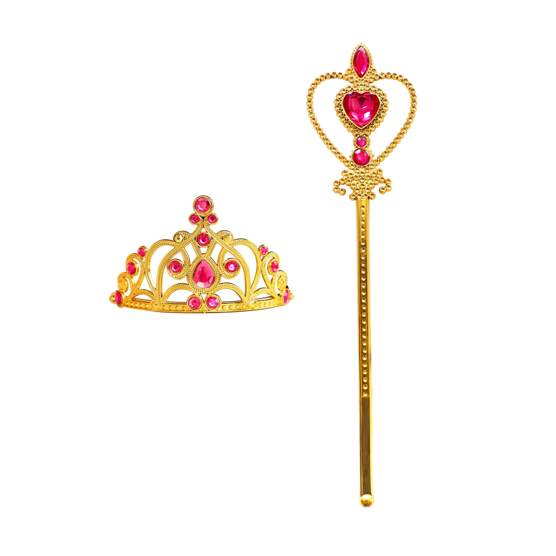 Gold tiara and wand with pink gemstones on a white background
