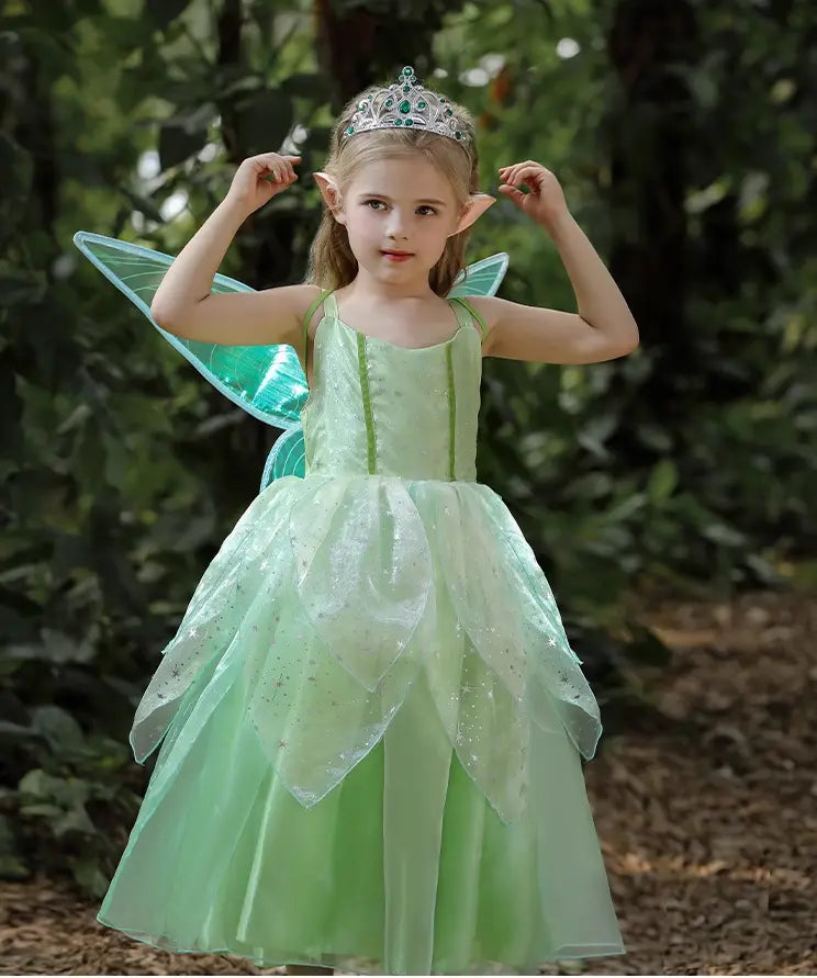 Child in a fairy costume with green dress, wings, and tiara outdoors.
