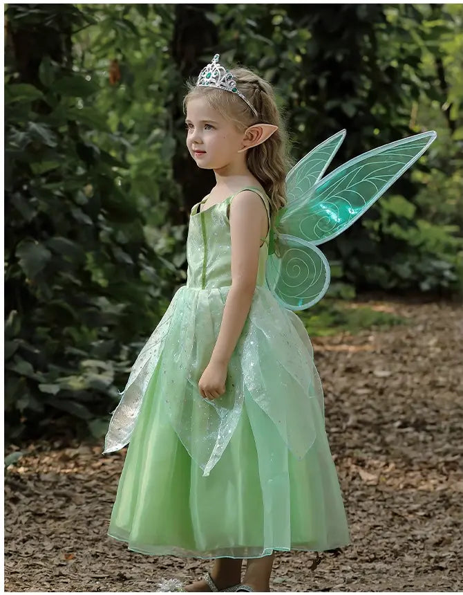Child in a fairy costume with wings and tiara standing outdoors.