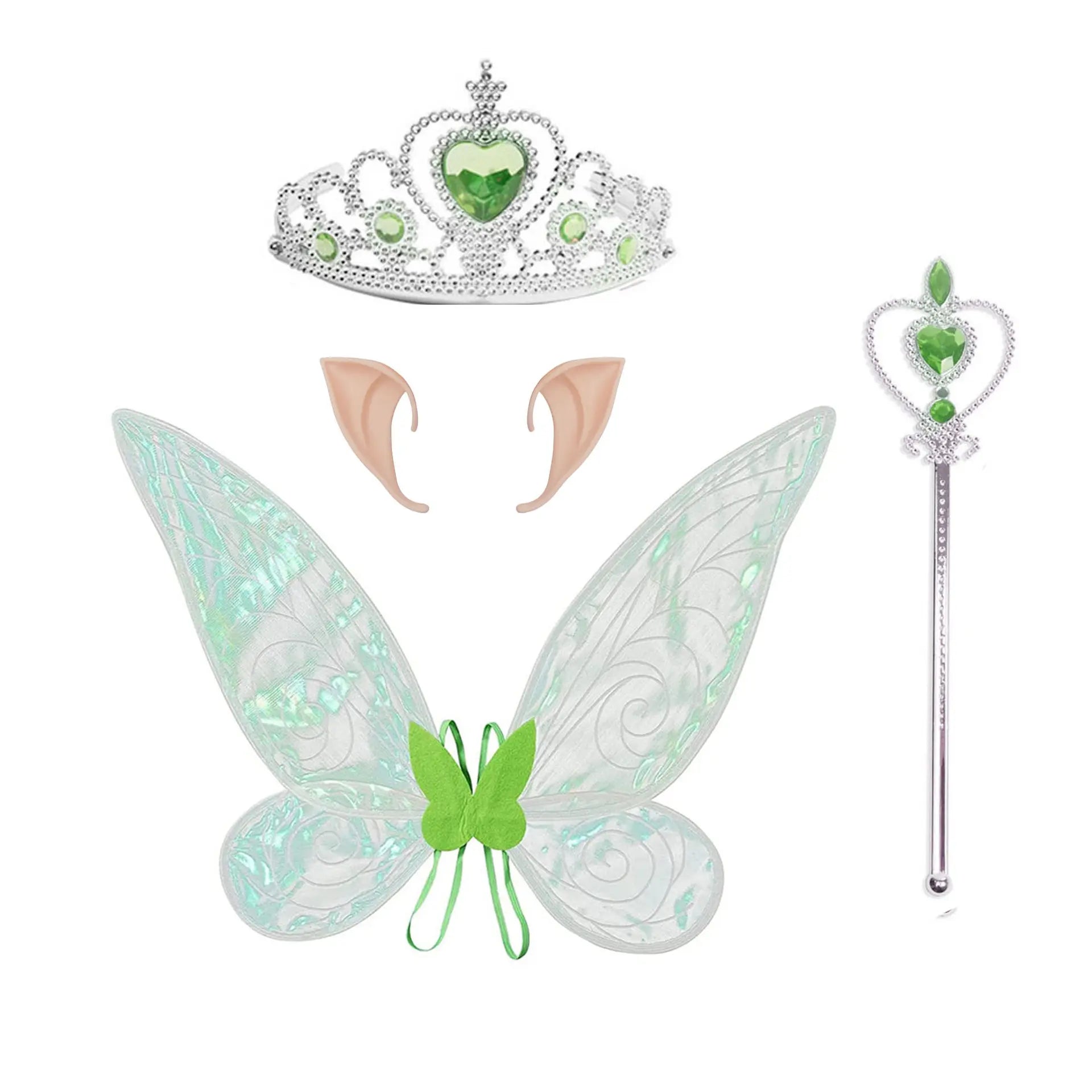 Set of fairy accessories including wings, ears, tiara, and wand on a white background