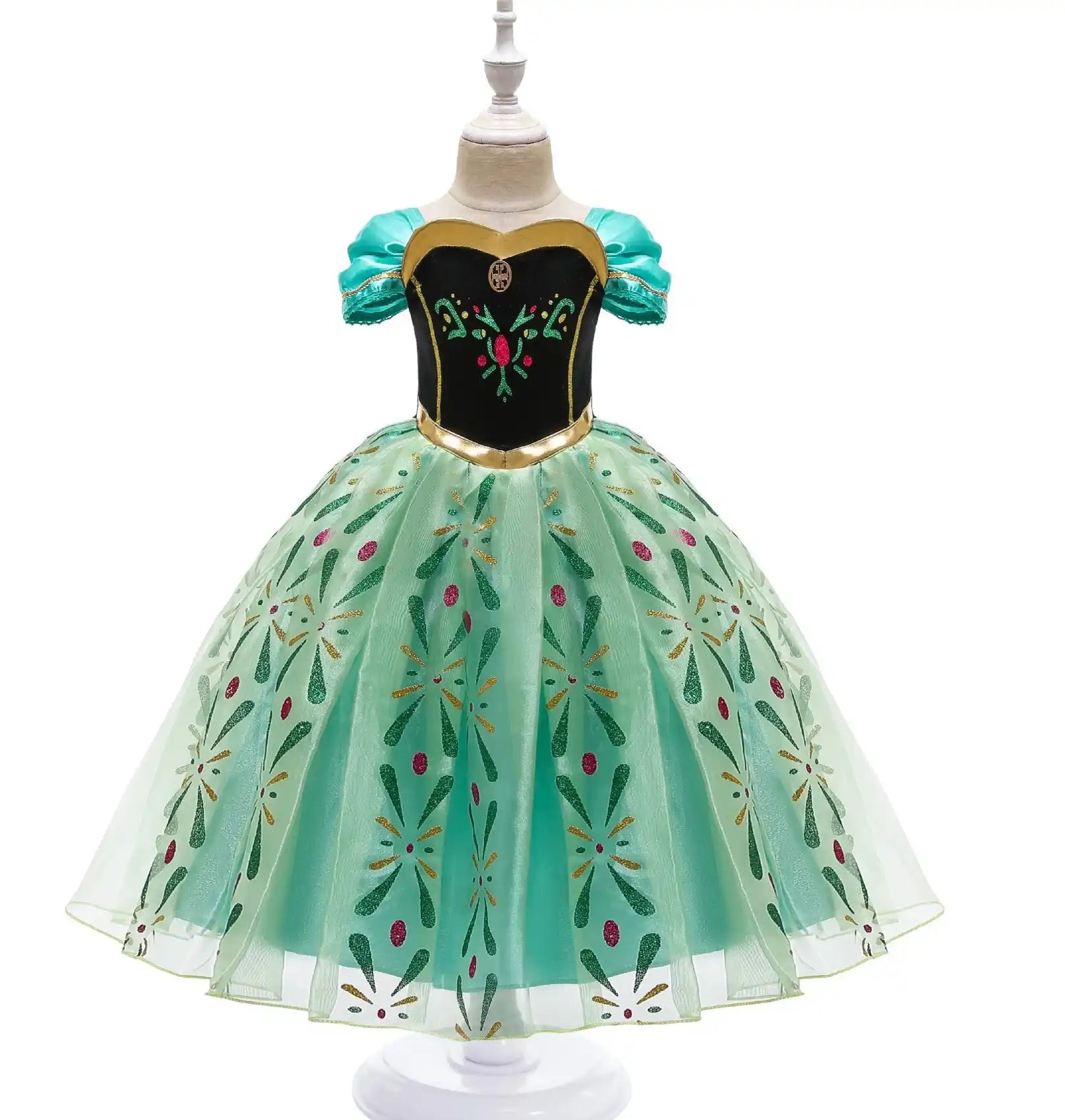 Green Tulle Ice Princess Costume with floral pattern on a mannequin against a white background