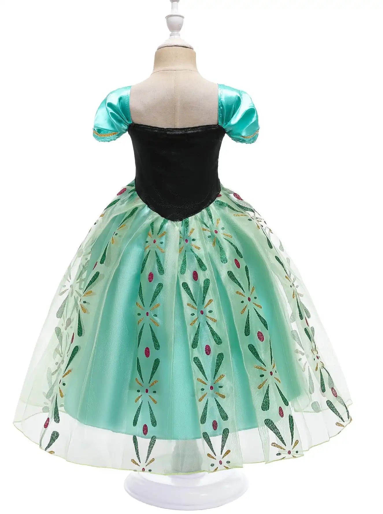 Green Tulle Ice Princess Costume  with floral patterns on a mannequin against a white background