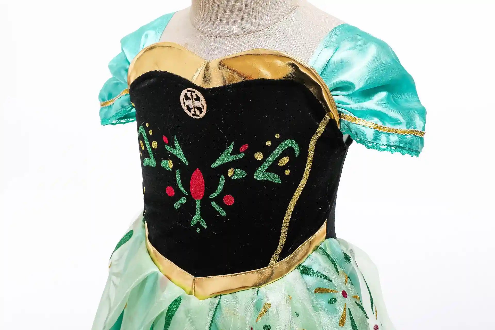 Children's Green Tulle Ice Princess Costume  with black bodice and teal sleeves on a mannequin against a white background