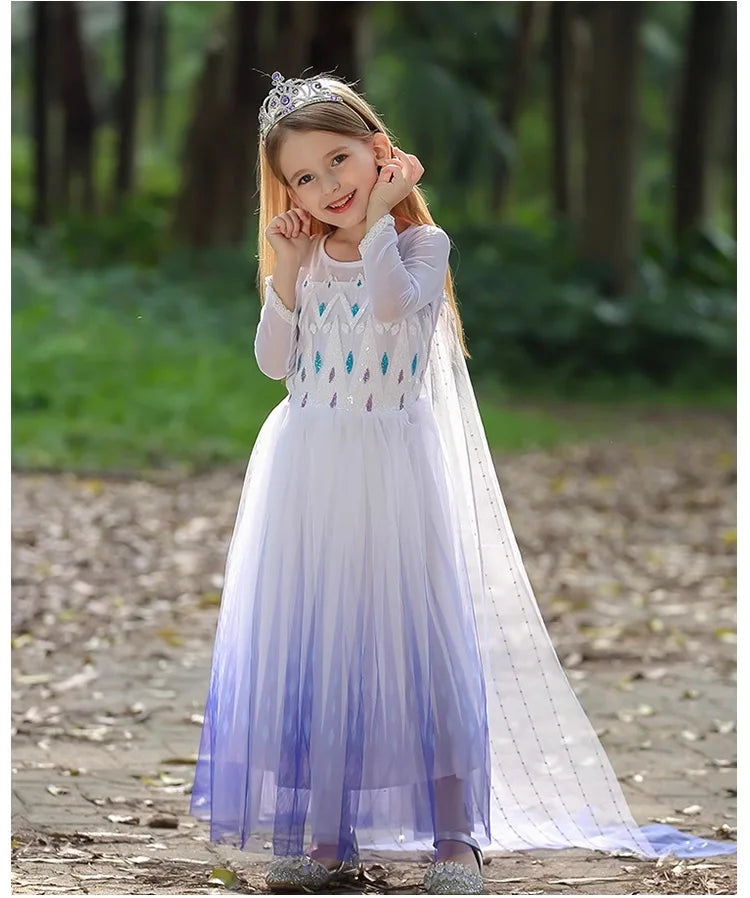 Young girl in a elsa princess dress with a tiara standing outdoors on a path.