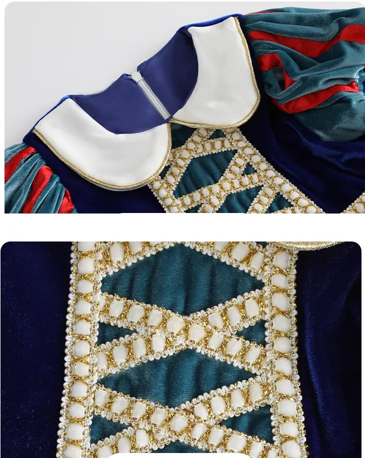 Close-up of a embroidered garment with blue, red, and gold colors on a white background.