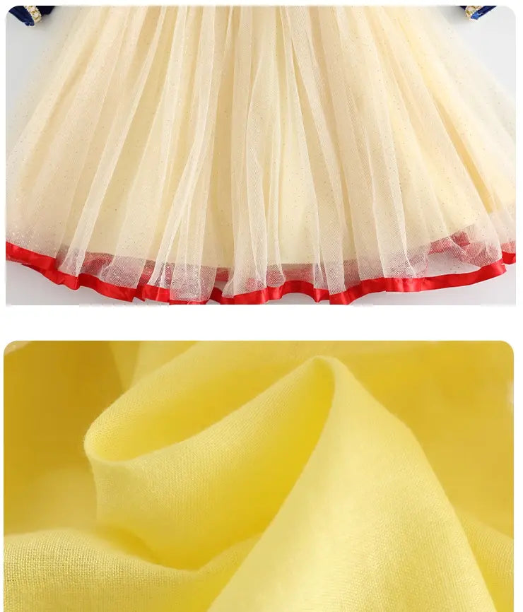 Top: Cream-colored tulle skirt with red trim, Bottom: Close-up of yellow fabric texture.