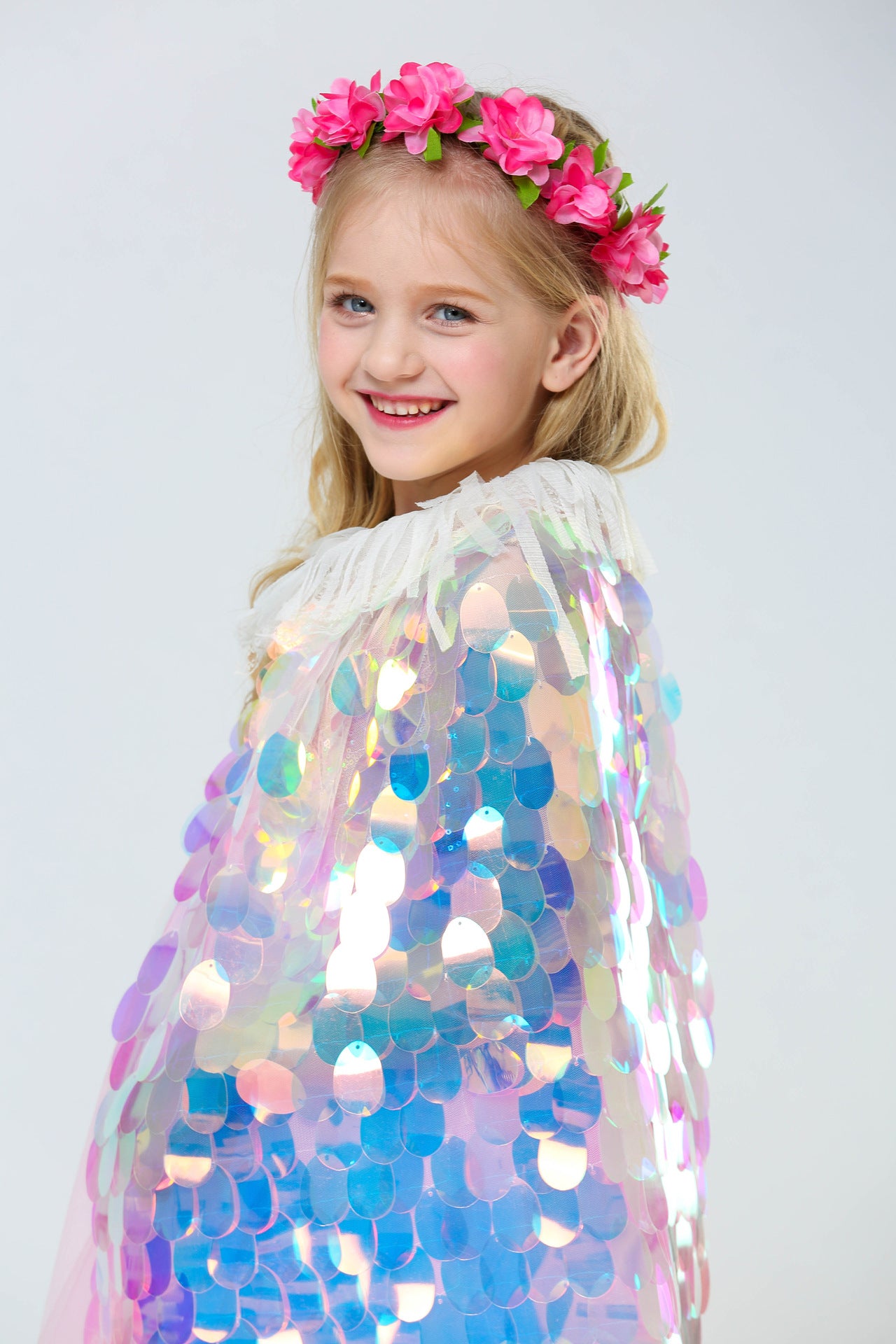 girl with Mermaid Sequin Scale Cape  