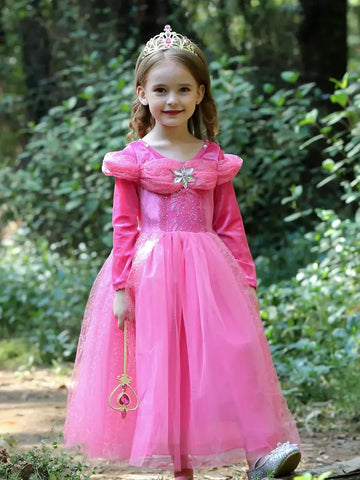 Young girl in a pink long sleeves princess dress with a tiara standing in a forest.