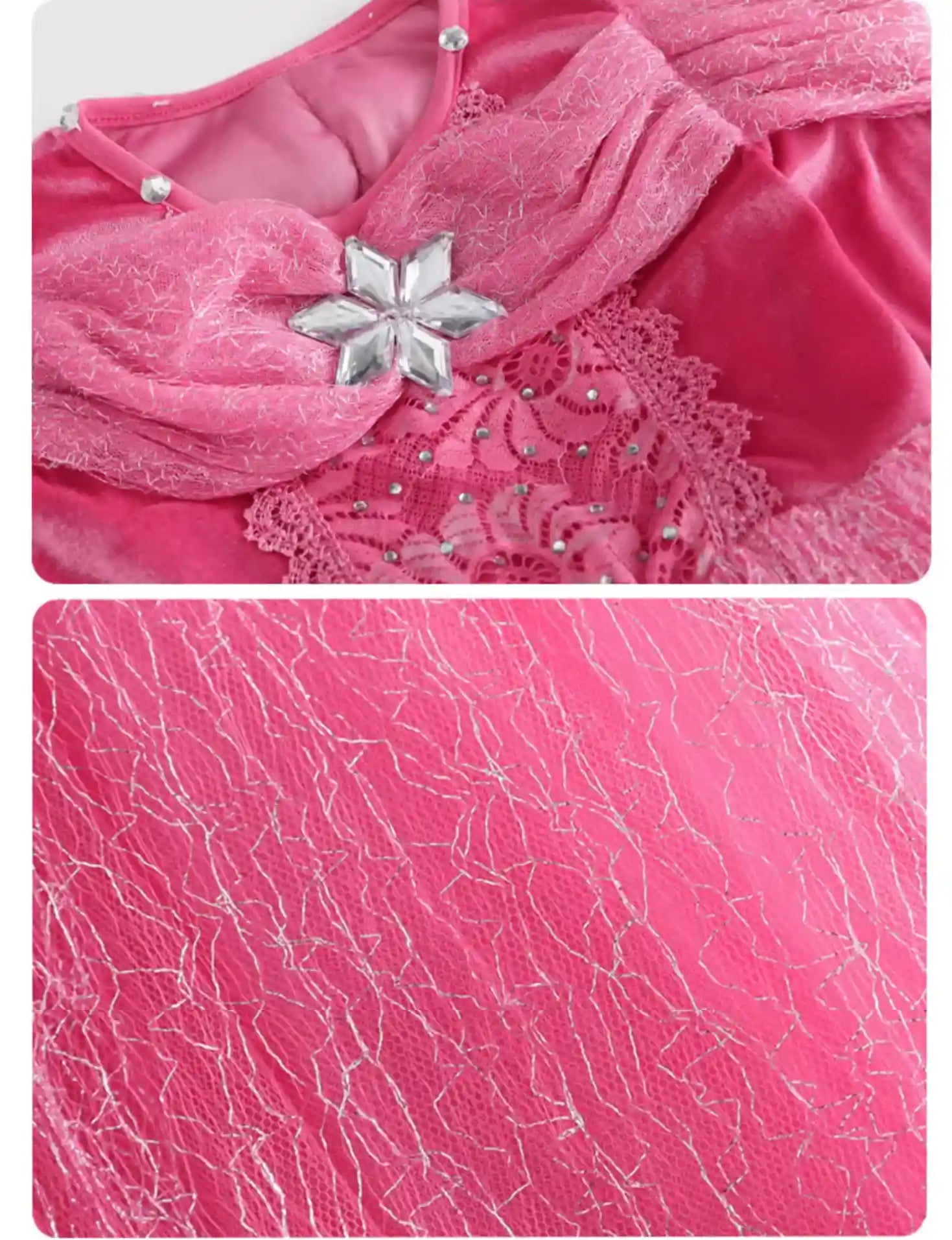 Close-up of a pink dress with lace and a silver flower detail, followed by a close-up of the pink fabric texture.
