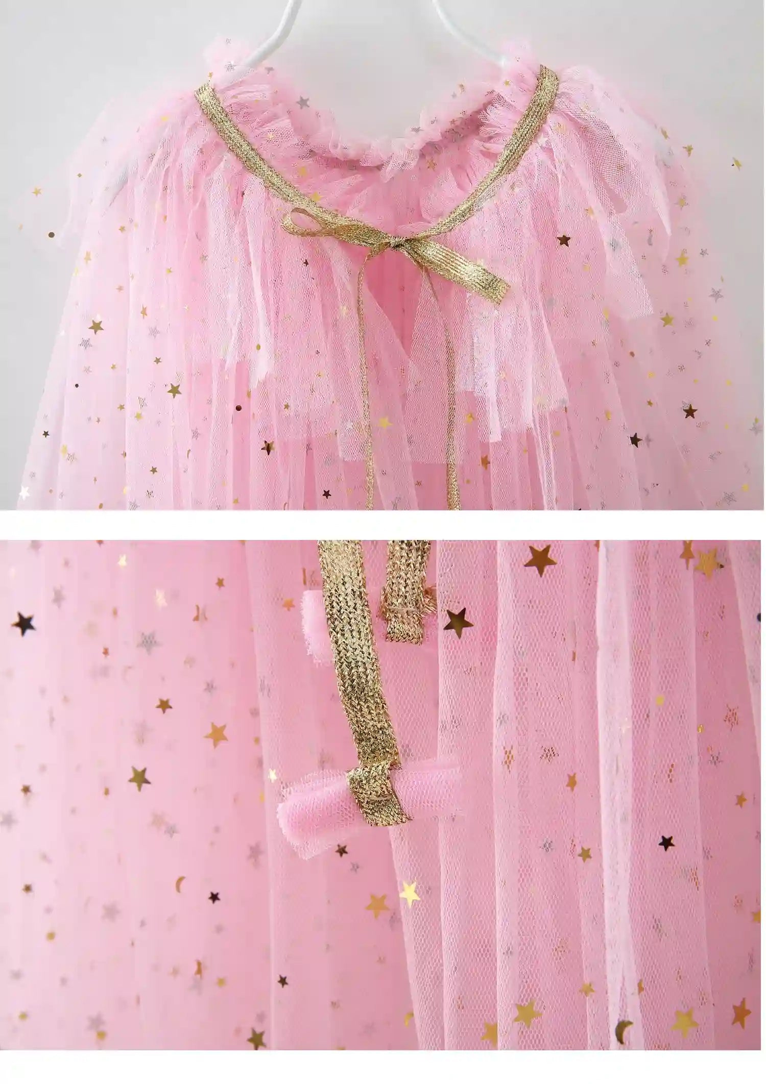 Pink tulle cape with gold and black star patterns on a white background