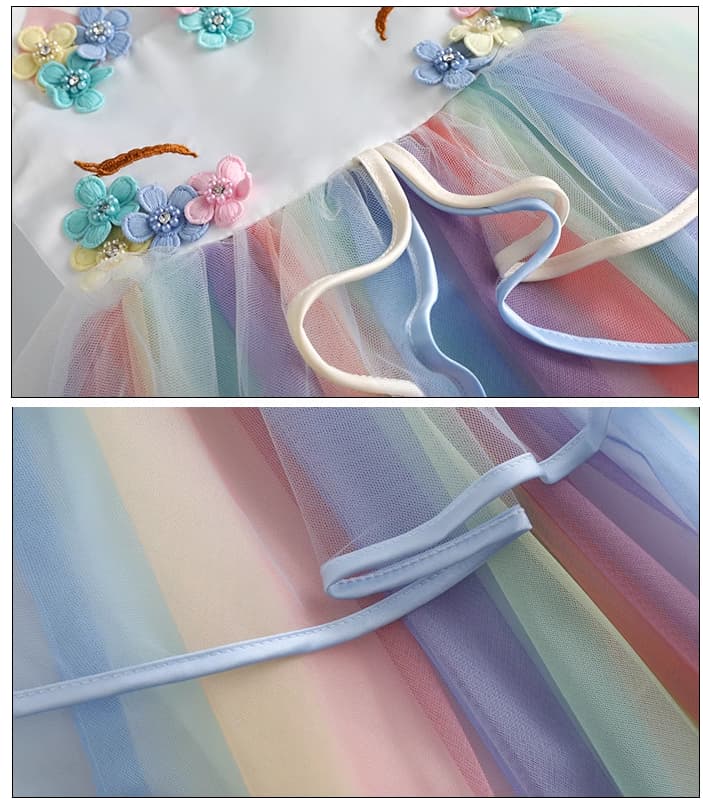 Colorful dress with floral embellishments and a close-up of the fabric texture.