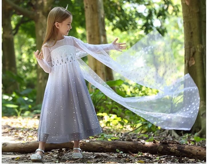 Child in a Sparkling Ice-Queen Inspired Princess Dress With Cape  standing in a forest