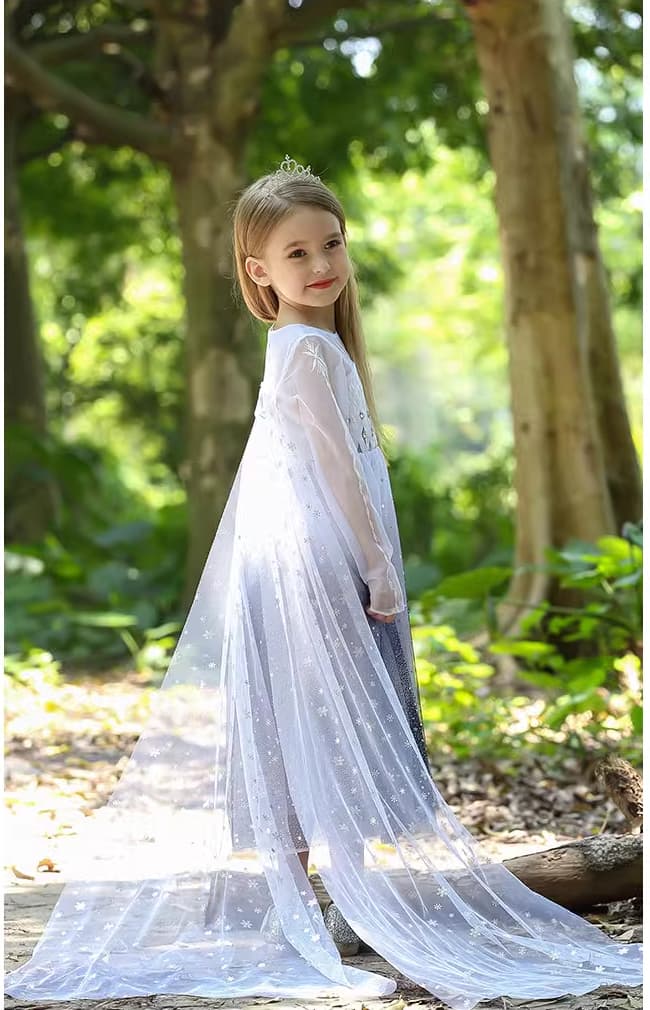 Young girl in a Sparkling Ice-Queen Inspired Princess Dress With Cape  standing in a forest