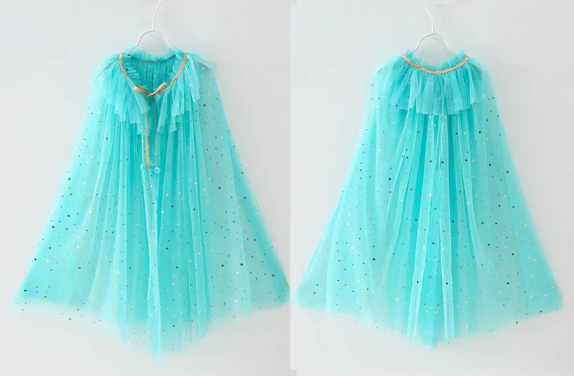Turquoise tulle cape with gold trim on a white background