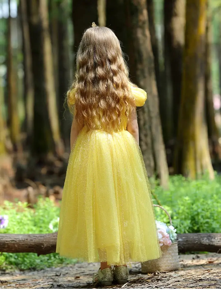 Child in a Yellow Tulle Princess Tulle Ball Gown Dress  standing in a forest